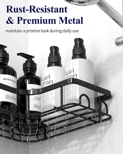 Kitsure Corner Shower Caddy - 2 Pack Rustproof Shower Organizer, Durable Shower Shelf with Large Capacity, Drill-Free Adhesive Bathroom Shelves with 4 Movable Hooks, 11.0 x 21.5 x 4.5cm, Black