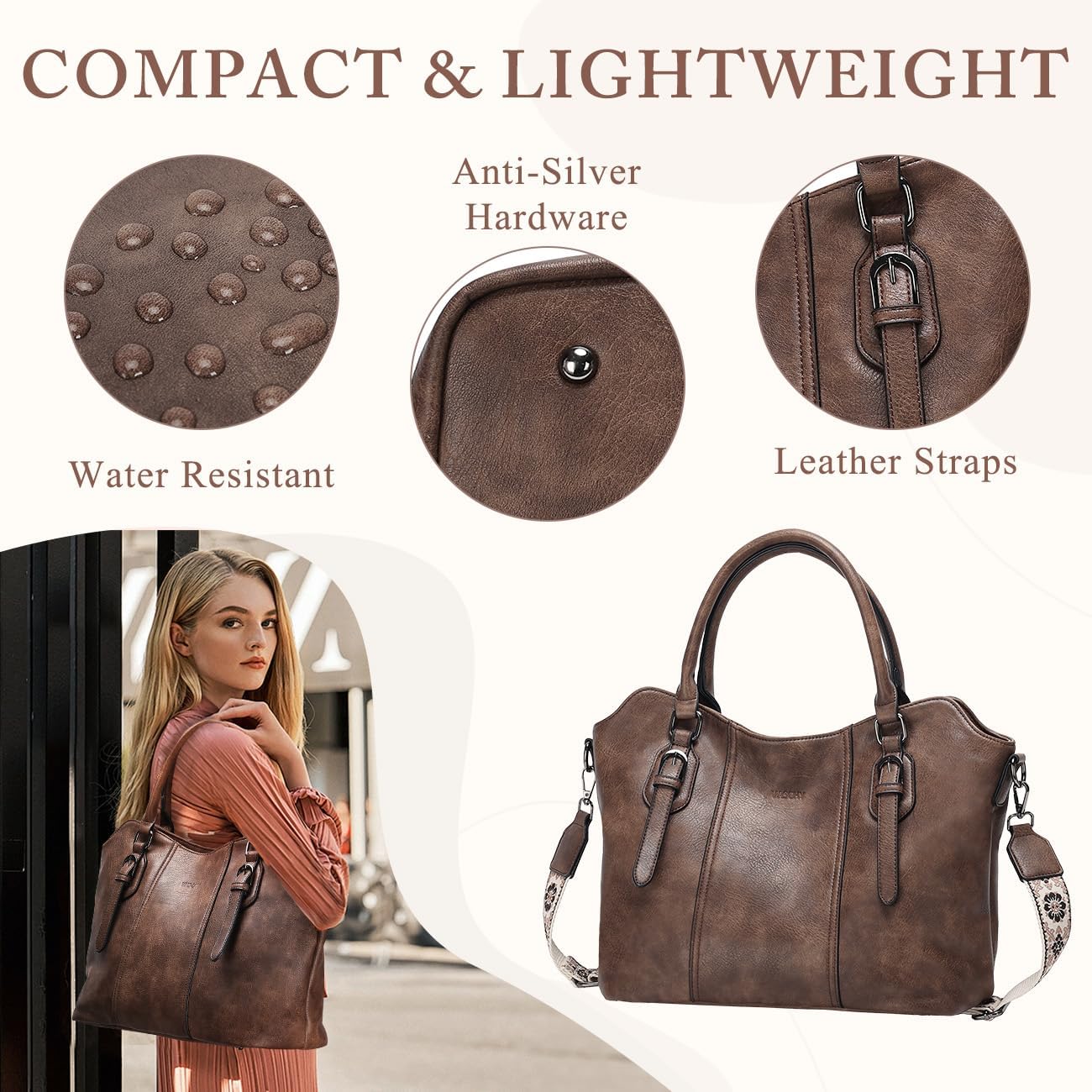 Hobo Bags for Women,VASCHY Vegan Leather Handbag Purse Top Handle Satchel Boho Shoulder Bag with Crossbody Guitar Strap