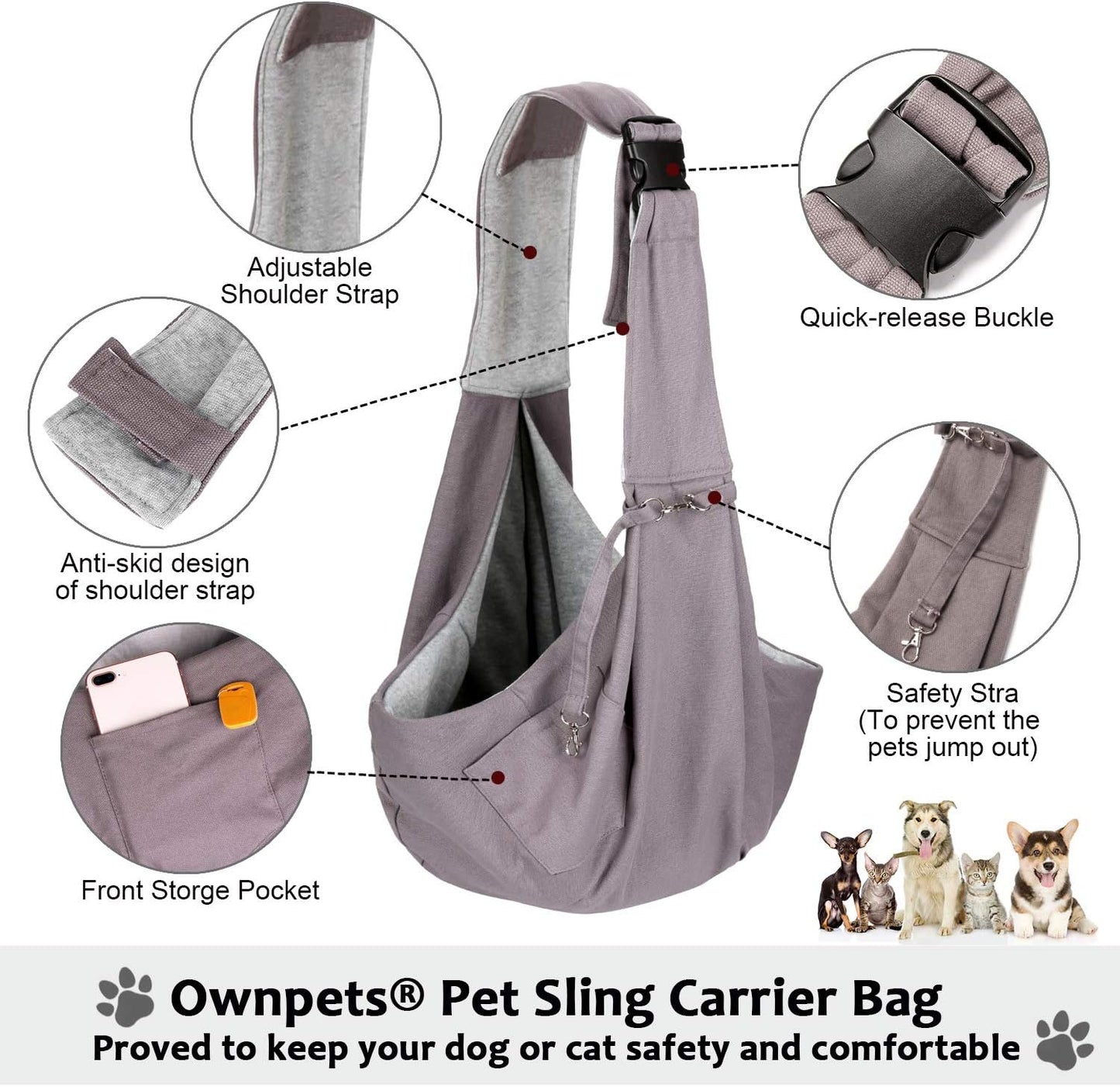 Ownpets Pet Sling Carrier Bag Safe, Fit Medium&Small Size Cats&Dogs, The Maximum Load 9~13lb Comfortable, Adjustable, Perfect for Daily Walk, Outdoor Activity and Weekend Adventure, Pink