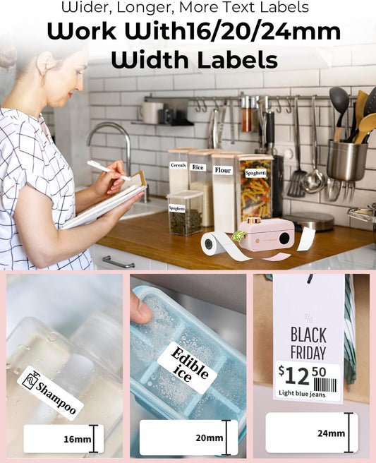 Portable Thermal Label Maker with Cutter, Bluetooth Mini Label Printer for 3/4" to 7/8" Tape, Waterproof Labels for Home, School, Office Organization (Pink)