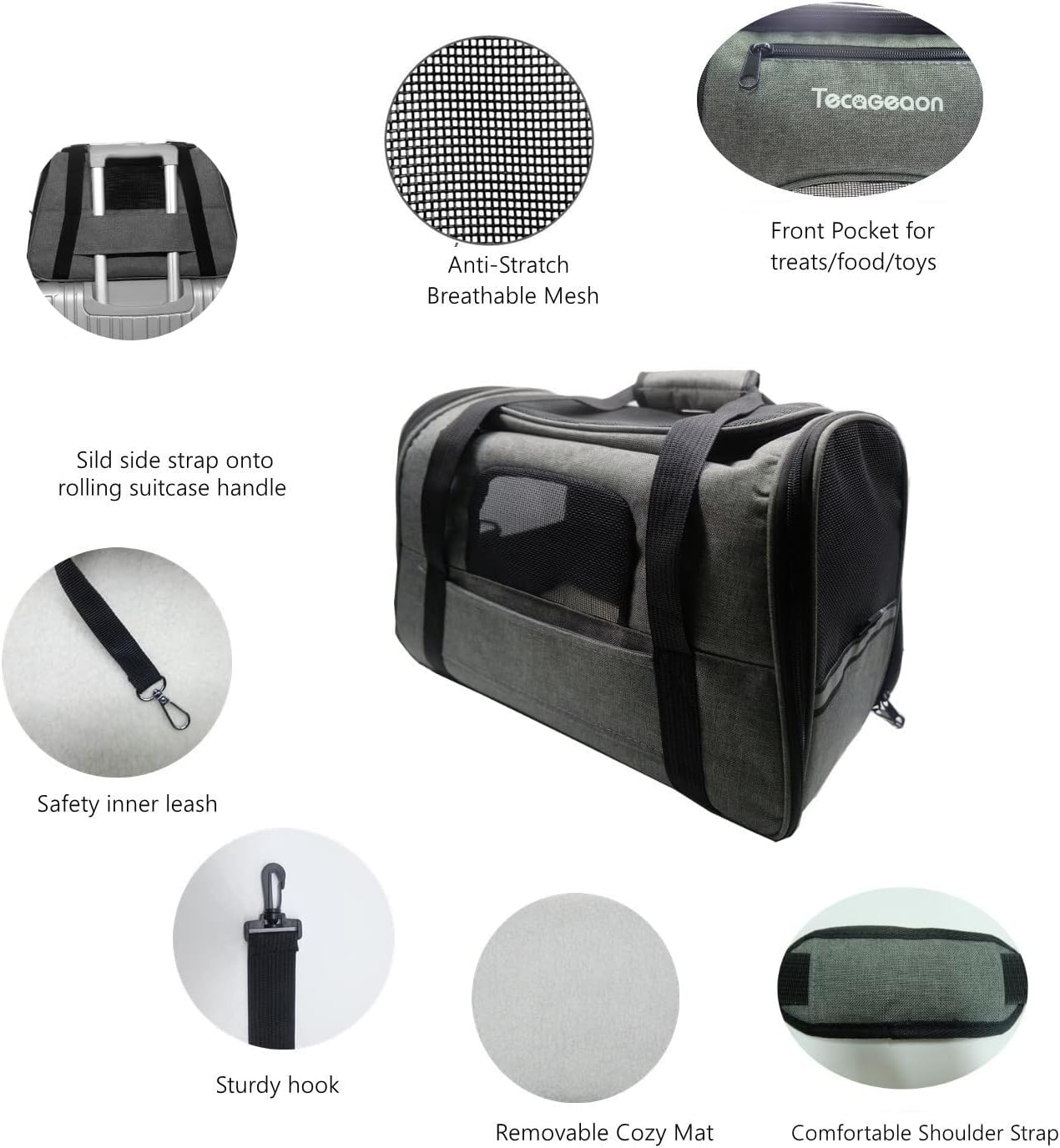 Tecageaon soft Pet Carrier Cat Carrier Dog Carrier for Small Dogs Cats Kitten Dogs Puppies,Escape-Proof,Airline Approved for Travel ,Breathable,5 Mesh Windows (Medium, Grey)