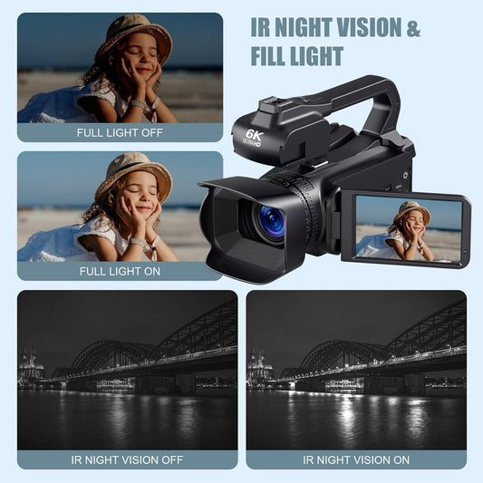 6K Camcorder Video Camera HD 64MP IR Night Vision Vlogging Camera for YouTube 18X Digital Zoom 4.0 Inch Touch Screen Video Camera with WiFi, Microphone, Stabilizer, Remote Control, 64GB SD Card