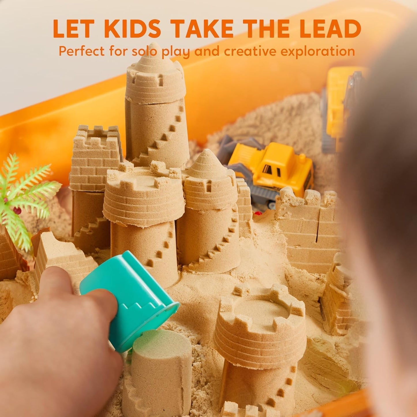 Klever Kits Construction Sensory Bin for Toddlers with Glow in The Dark Stones, Sandbox with Lid Magic Sand Castle Building kit, Preschool Learning Activities for Boys Girls Age 3+