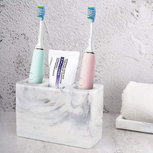 Marble Style Electric Toothbrush Holder with 3 Slots, Resin Toothbrush and Toothpaste Countertop Organizer, Ink White - PuriLite