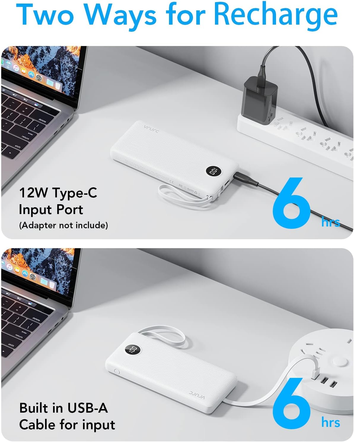 VRURC 10000mAh Power Bank Built-in Cables, Portable Charger with LED Display, Slim Intelligent Travel Battery Pack with Cords, 5 Output Dual Input Phone Charger for Cell Phone Smart Devcies-Blue