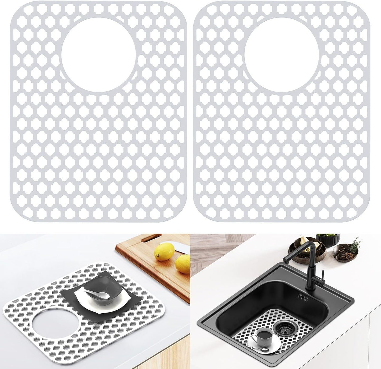 BEHOK 2 Pack Silicone Sink Protector for Kitchen Sink Bathroom Sink 13.58"x 11.6" Sink Mat, Non-Slip and Durable Silicone Sink Grid, Rear Drain (Gray)