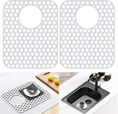 BEHOK 2 Pack Silicone Sink Protector for Kitchen Sink Bathroom Sink 13.58"x 11.6" Sink Mat, Non-Slip and Durable Silicone Sink Grid, Rear Drain (Gray)