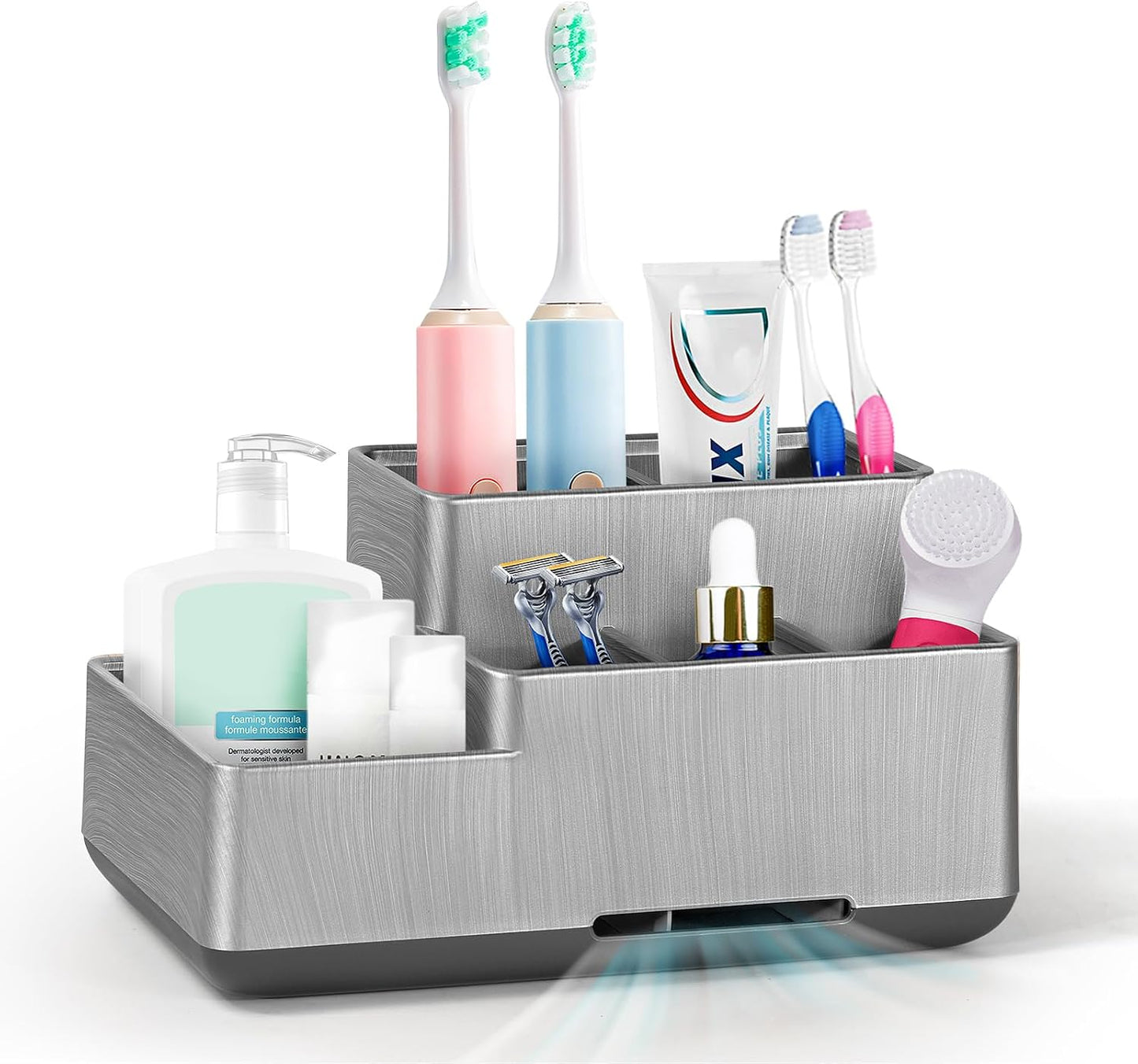 Toothbrush Holder, Bathroom Organizers Countertop, 6 Compartments Multifunctional Washroom Organizer for Toothpaste, Cosmetic, Makeup, Office Stationery Pencils（Silver）