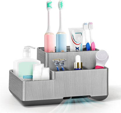 Toothbrush Holder, Bathroom Organizers Countertop, 6 Compartments Multifunctional Washroom Organizer for Toothpaste, Cosmetic, Makeup, Office Stationery Pencils（Silver）