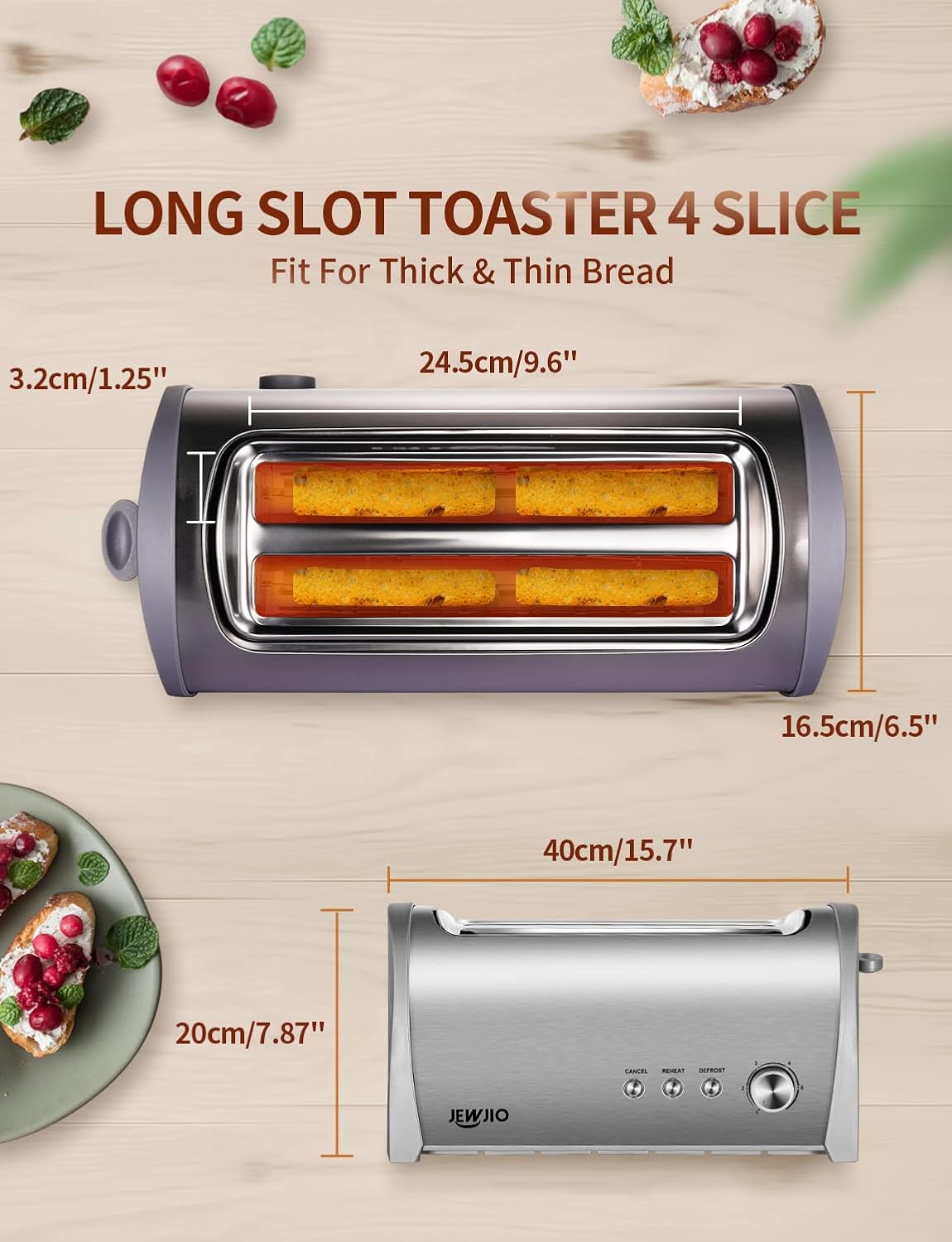 4-Slice Toaster with Extra-Wide 1.25" Slots & Independent Controls | 1300W for Fast, Even Heating | Defrost, Reheat, Cancel Functions | Removable Crumb Tray Brush Silver