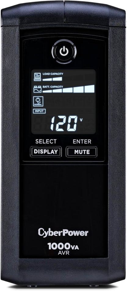 CyberPower CP1500AVRLCD3 Intelligent LCD UPS System, 1500VA/900W, 12 Outlets, 2 USB Ports, AVR, Mini Tower, Black