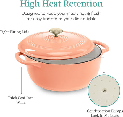 Best Choice Products 6 Quart Enamel Cast-Iron Round Dutch Oven, Family Style Heavy-Duty Pre-Seasoned Cookware for Home, Kitchen, Dining Room, Oven Safe w/Lid, Dual Handles - Peach Sorbet