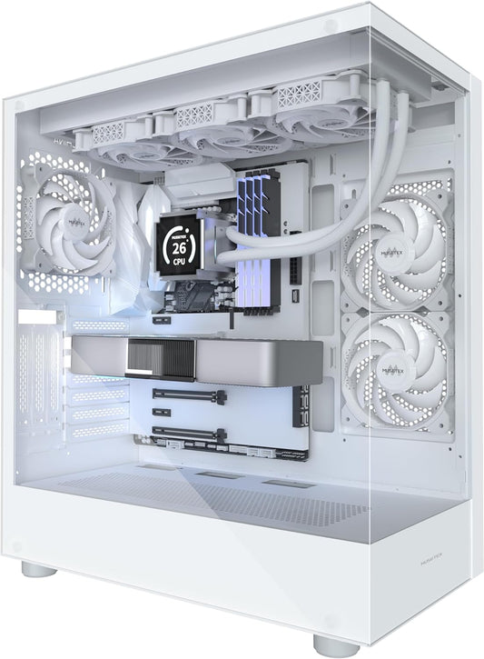 MUSETEX PC CASE ATX 3 Non-LED Fans Pre-Installed, Type-C Mid Tower Computer Case with Full View Dual Tempered Glass, Gaming PC Case,White(K2)