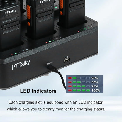 PTTalky FR1 Walkie Talkies with 6-Way Charger, Long Range Walkie Talkies, USB-C Charging, VOX, with Earpieces, 2 Way Radios for Business School Warehouse