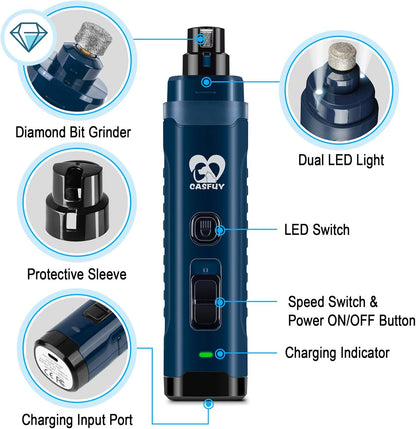 Casfuy Dog Nail Grinder with 2 LED Light for Large Medium Dogs - 3X More Powerful 2-Speed Electric Pet Nail Trimmer Rechargeable Quiet Painless Paws Grooming & Smoothing Tool