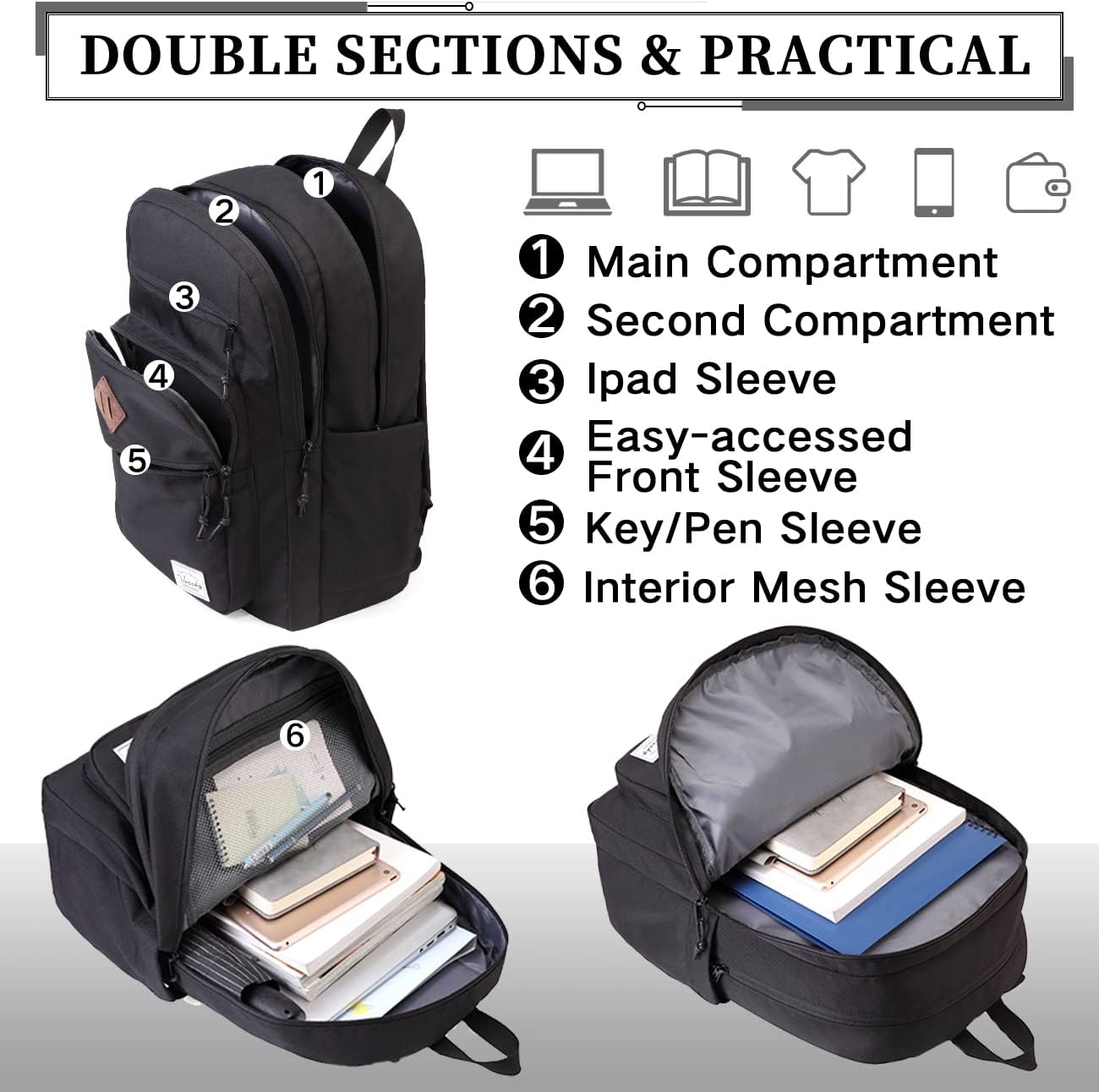 School Backpack for Men Women,Vaschy Lightweight School Bag Bookbag Casual Daypack for High School/College/Teens/Travel/Work