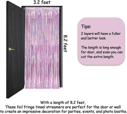 GREATRIL Iridescent Party Tinsel Fringe Backdrop Decorations - Holographic Foil Streamers Curtain for Mermaid/Under The Sea/Frozen/Ocean/Disco/Birthday Themed 3.2ft x 6.5ft - 2 PCS