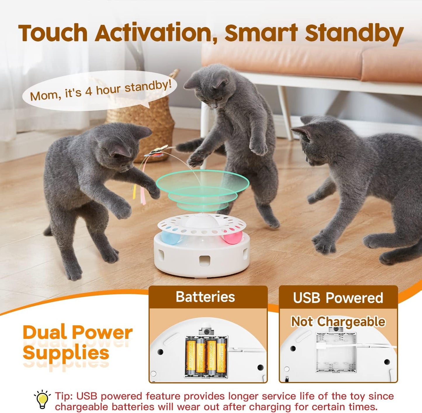Potaroma Cat Toys 3-in-1 Smart Interactive Electronic Kitten Toy, Random Moving Ambush Feather, Fluttering Butterfly, Catnip Bell Balls, Dual Power Supplies, Indoor Exercise Cat Kicker (Light Pink)