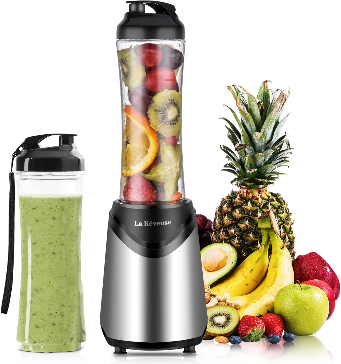 La Reveuse Smoothie Blender Personal Size 300 Watts with 2 Pieces 18 oz BPA-Free Travel Sports Bottles,Grey