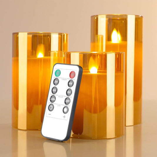 Flameless Led Candles Flickering, Candle Real Wax Fake Wick Moving Flame Faux Wickless Pillar Battery Operated Candles with Timer Remote Acrylic Effect for Festival Wedding Home Party Decor