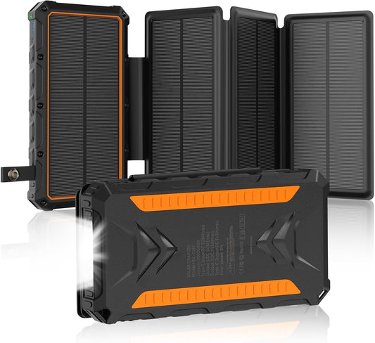 Solar Charger 20000mAh Solar Power Bank with Dual 3A Outputs USB C Fast Charging Portable Charger, 4 Solar Panels External Battery Waterproof and Flashlights for Phone,Tablet,Outdoor,Camping (Orange)