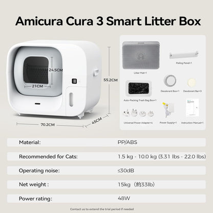 Amicura Automatic Cat Litter Box, Self Cleaning, 360-Degree Detection Smart Anti-Pinch, App Control, Odor-Proof, 65L Extra Large Open-top Cat Litter Box, Ultra Quiet Cat Toilet