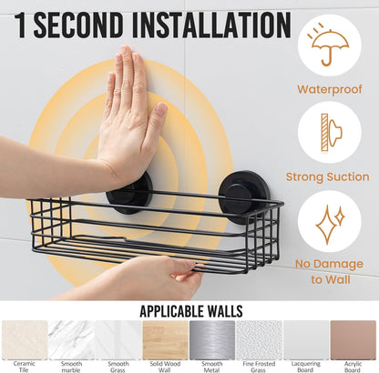 LEVERLOC Shower Caddy Suction Cup, 2 Pack Black Shower Shelf with Hooks and Soap Holder, NO-Drilling Bathroom Organizer, Rustproof Metal Bathroom Storage and Organization