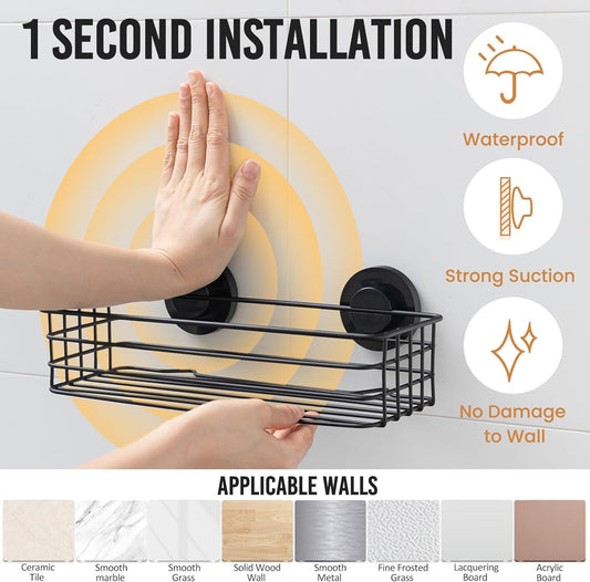 LEVERLOC Shower Caddy Suction Cup, 2 Pack Black Shower Shelf with Hooks and Soap Holder, NO-Drilling Bathroom Organizer, Rustproof Metal Bathroom Storage and Organization - PuriLite