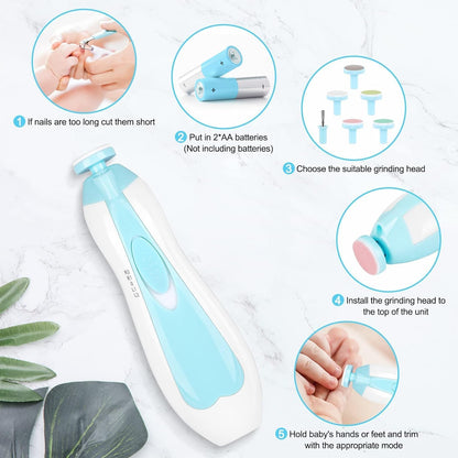 Qunlions life Electric Nail File Drill for Baby, No Sharp Claws Hurt, 6 in 1 Safety Cutter Trimmer Clipper for Toes and Fingers (Blue)