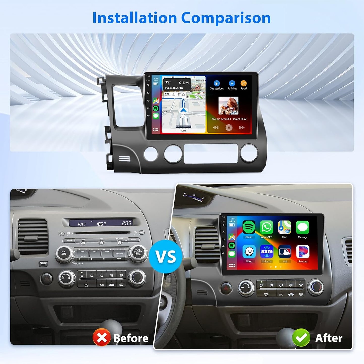 8 Core 6G 128G Android Car Stereo for Honda Civic 2006-2011 Wireless Carplay Android Auto, 10.1’’ Touchscreen Car Radio with Bluetooth GPS Navigation WiFi Mirror Link FM/RDS DSP AHD Backup Camera SWC