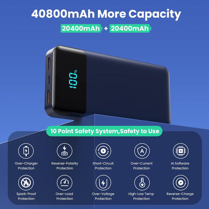 Power Bank 40800mAh Portable Charger with 3 Built-in Cable,25W PD USB C in&Out Power Bank Fast Phone Charging,QC4.0 LED Display Portable Battery Pack Compatible with iPhone 16/15,Samsung Android-Black