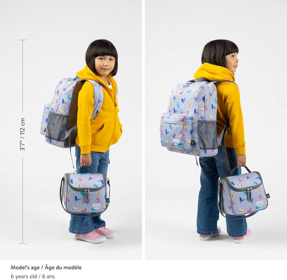 Roots Essential 3-in-1 Matching Water Resistant Kids Backpack and Lunch Bag Set with Bonus Pencil Case - Made From 100% Recycled Fabrics - 22.5 litres, Purple Pink Polka Dot