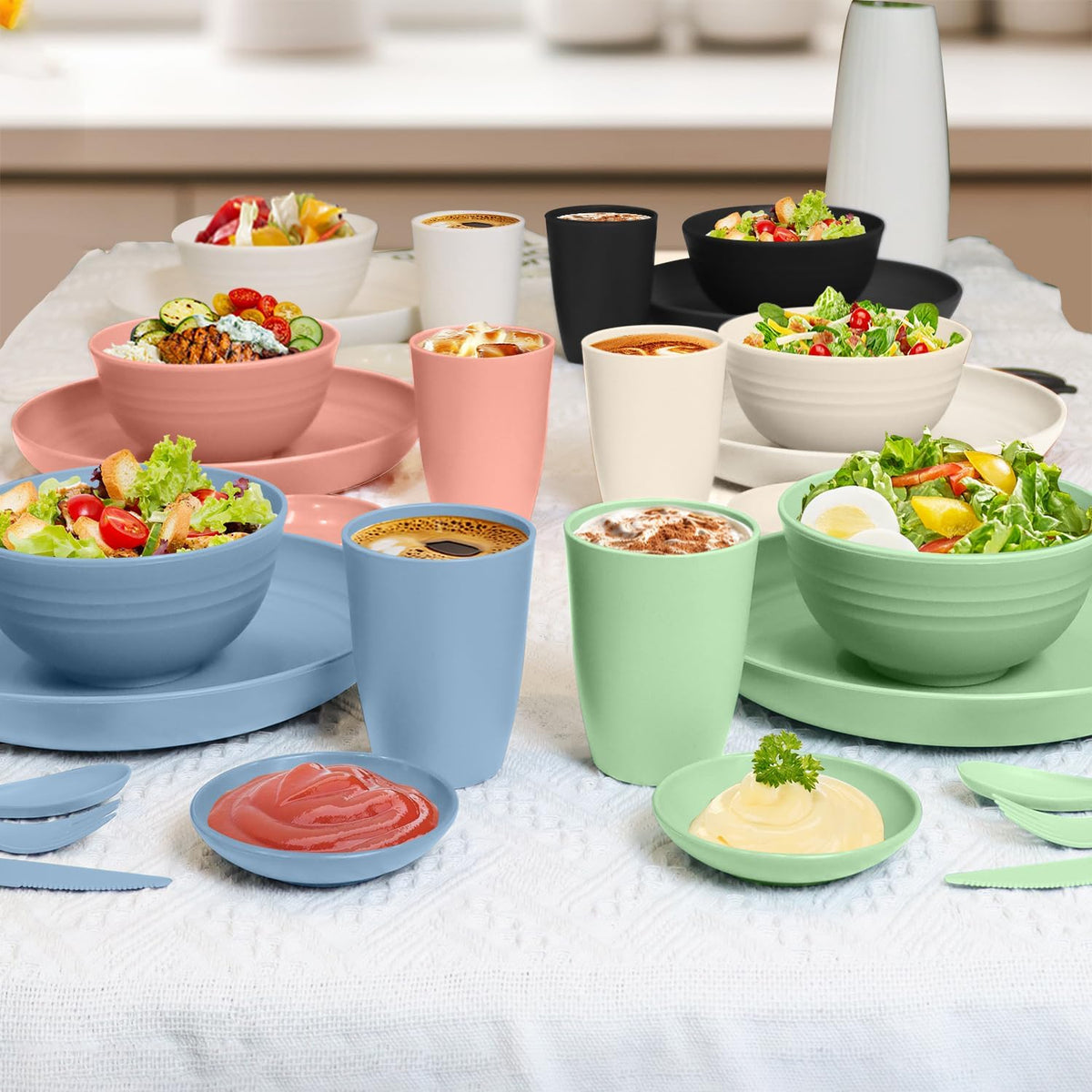 Wrova wheat straw bowls,plates,cups and cutlery sets 28 pcs - Reusable plastic dinnerware sets microwave safe and dishwasher safe - Ideal dish sets for kitchen, camping, indoors and out doors.Nordic