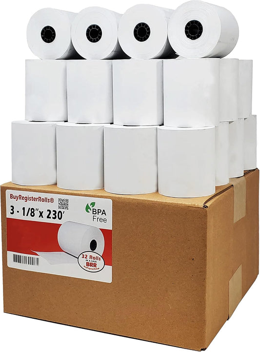 (32 Rolls) 3 1/8 x 220 Thermal Paper Receipt Rolls fits All Cash Register, Clover POS TM-T88 T20 T90 Bixolon SRP-350 370
