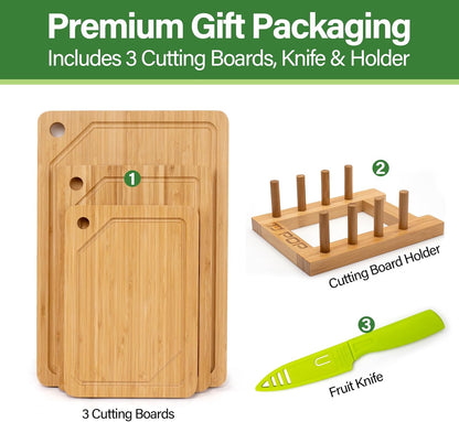 Bamboo Cutting Board for Kitchen, Bamboo Cutting Board Set of 3 with Juice Groove, Double-Sided Chopping Board Serving Board with Hanging Hole for Meat, Vegetables and Cheese