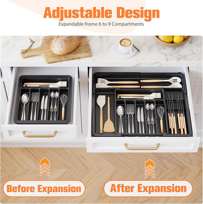 Ceecysaa Cutlery Tray Drawer Organizer with Removable knife blocks, Expandable Utensil Tray for Kitchen,Adjustable Plastic Storage and Storage Drawer Divider for Spoons Forks Knives,Large, Black