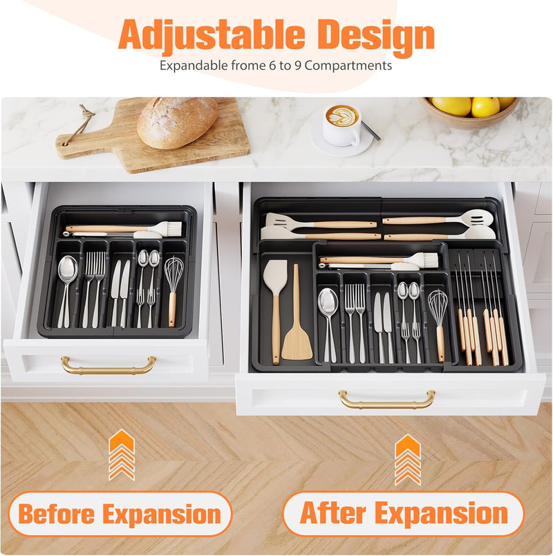 Ceecysaa Cutlery Tray Drawer Organizer with Removable knife blocks, Expandable Utensil Tray for Kitchen,Adjustable Plastic Storage and Storage Drawer Divider for Spoons Forks Knives,Large, Black