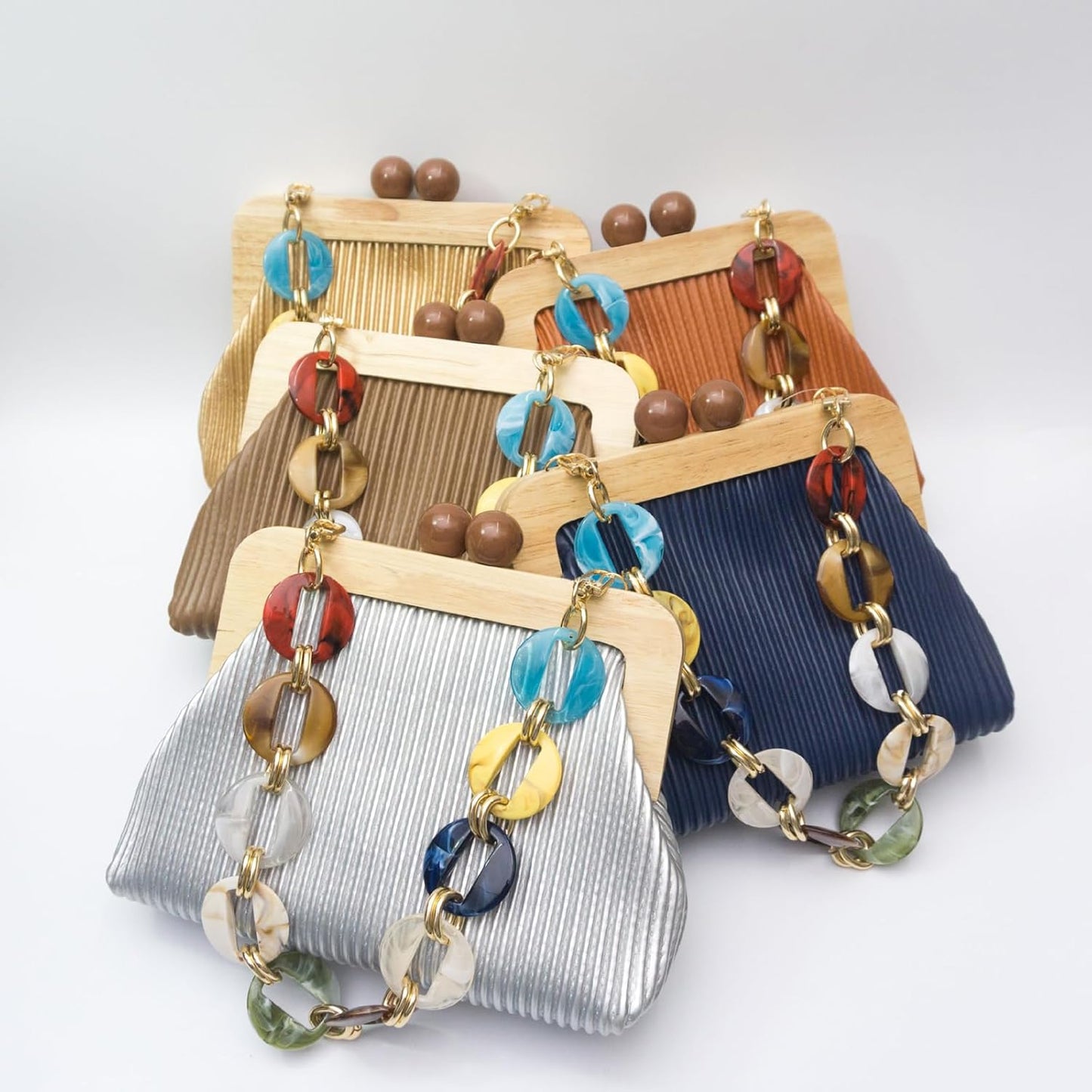 CORIOS Women Evening Bag Pleated Clutch Bag Wooden Beads Handbag Bridal Wedding Purse Elegant PU Leather Shoulder Bag