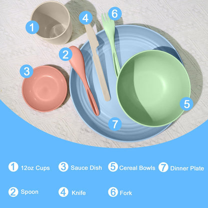 Wrova wheat straw bowls,plates,cups and cutlery sets 28 pcs - Reusable plastic dinnerware sets microwave safe and dishwasher safe - Ideal dish sets for kitchen, camping, indoors and out doors.Nordic