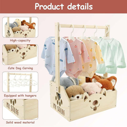 Wooden Baby Storage Organizer | Nursery Basket with 5 Hangers