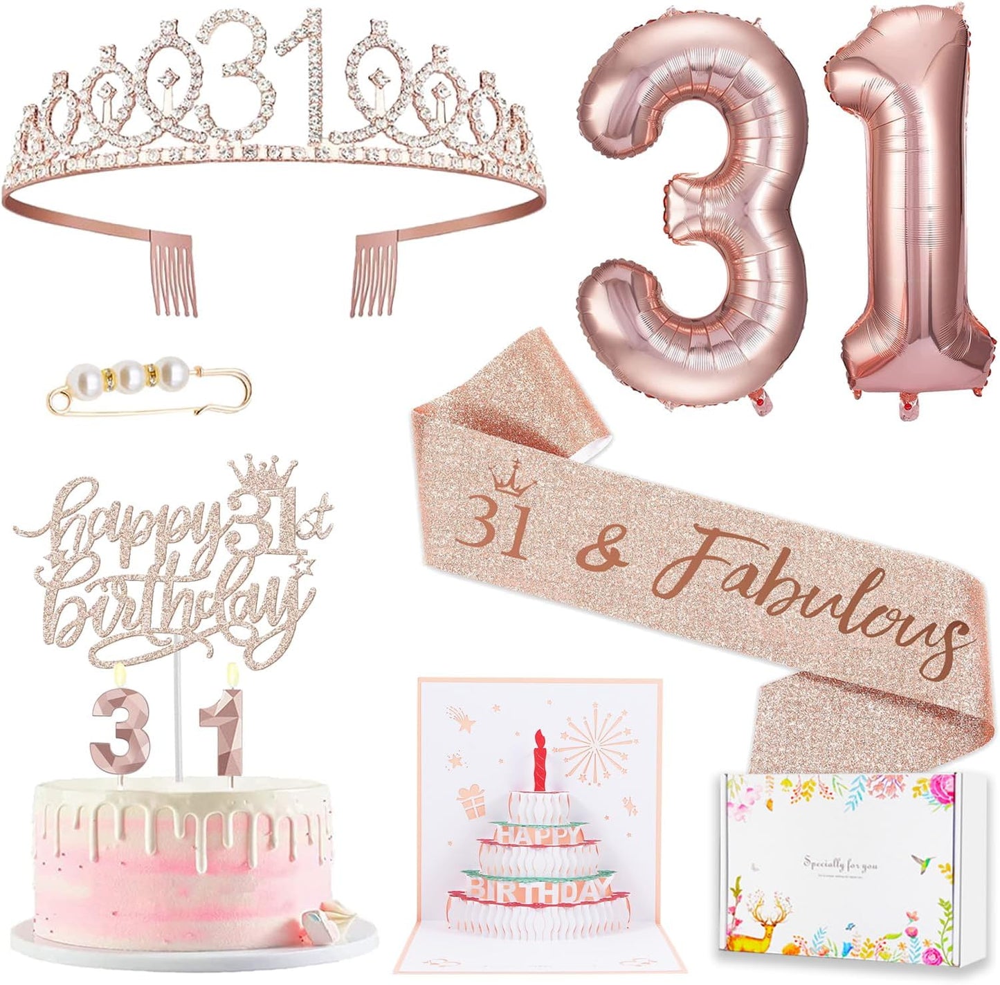 8pcs 40th Birthday Decorations gifts for Women, Including 40th Happy Birthday Cake Topper, Queen Sash with Pearl Pin, Sweet Rhinestone Tiara Crown for Women, Number Candles and Balloons (Rose Gold)