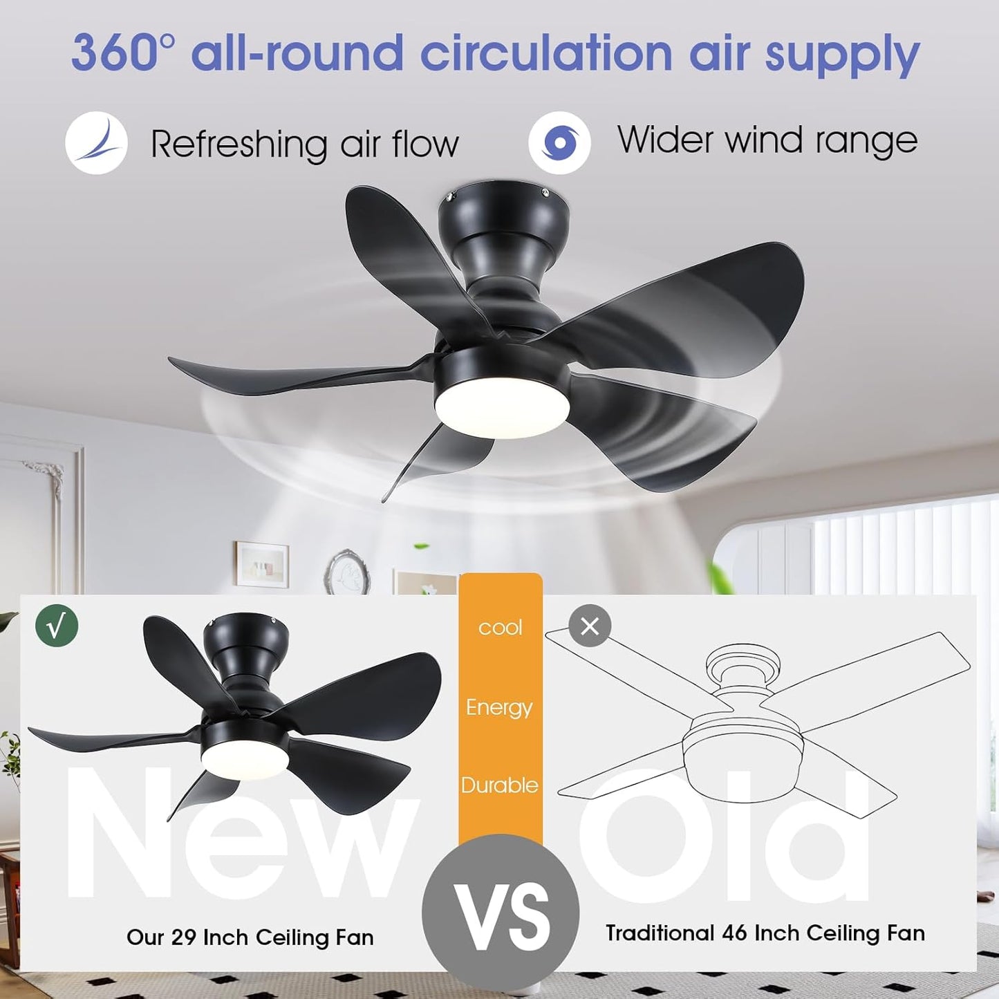 Modern Ceiling Fans with Lights Remote/APP Control, 29" Flush Mount Ceiling Fans with 3 CCT Dimmable Lights, Low Profile Ceiling Fans with 5 Propeller Blades LED Lights for Kids Room Bedroom, Brown - PuriLite