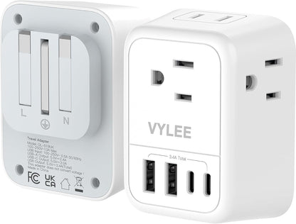 2 Pack European Travel Plug Adapter, VYLEE International Travel Adapter with 2 Outlets 4 USB Ports(2 USB C), 6 in 1 Type C Travel Essentials Charger for US to Most of Europe EU Italy Spain France