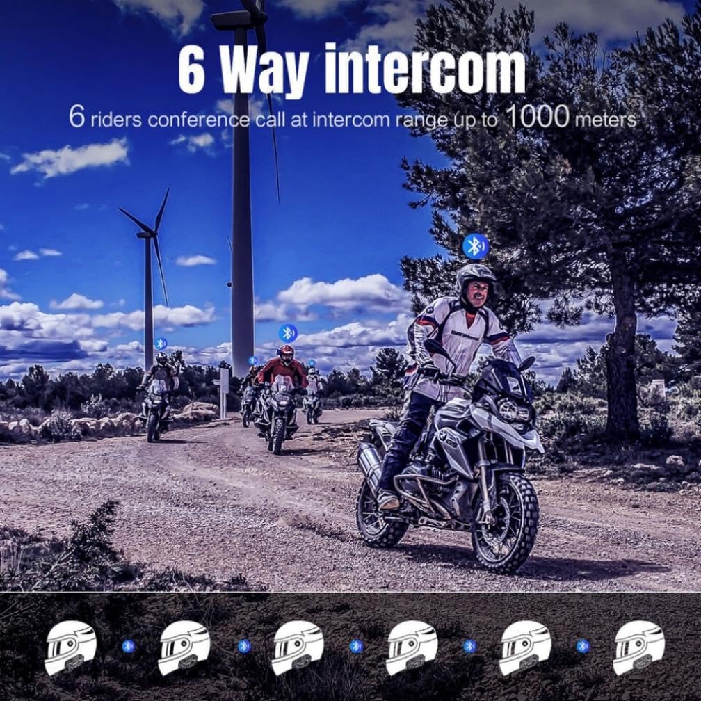 Fodsports FX6 Motorcycle Bluetooth Headset – 6 Riders Group Intercom 1000m Range, Helmet Communication System with Noise Cancellation, Voice Dial & Ride-While-Charging (2 Pack)