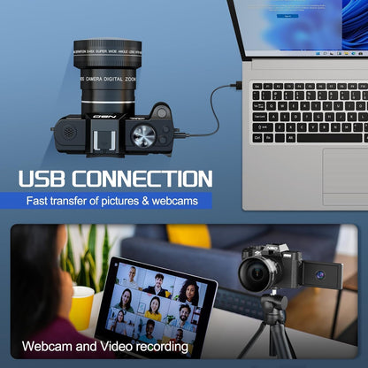 NBD 4K Digital Camera for Photography 48MP Video Vlogging Camera for YouTube with 3" 180° Flip Screen WiFi, 16X Digital Zoom Cameras with 32GB Micro Card, Wide-Angle & Macro Lens (Black)