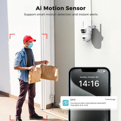 4K 8MP Dual Lens Security Camera Outdoor, 2.4Ghz/5Ghz WiFi 360°PTZ Camera Surveillance Exterieur, Auto Tracking, Human Detection, Color Night Vision, 2-Way Audio, IP66 Waterproof