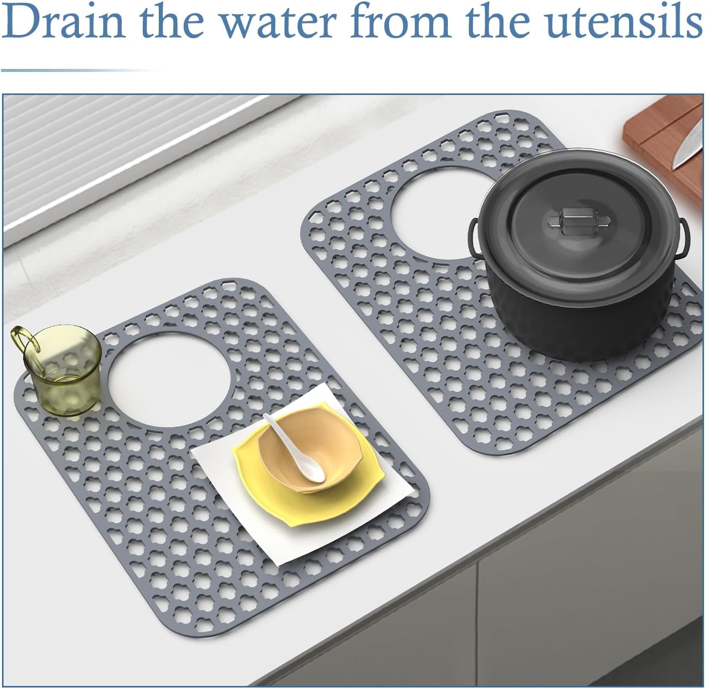 BEHOK 2 Pack Silicone Sink Protector for Kitchen Sink Bathroom Sink 13.58"x 11.6" Sink Mat, Non-Slip and Durable Silicone Sink Grid, Rear Drain (Gray)