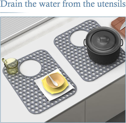 BEHOK 2 Pack Silicone Sink Protector for Kitchen Sink Bathroom Sink 13.58"x 11.6" Sink Mat, Non-Slip and Durable Silicone Sink Grid, Rear Drain (Gray)