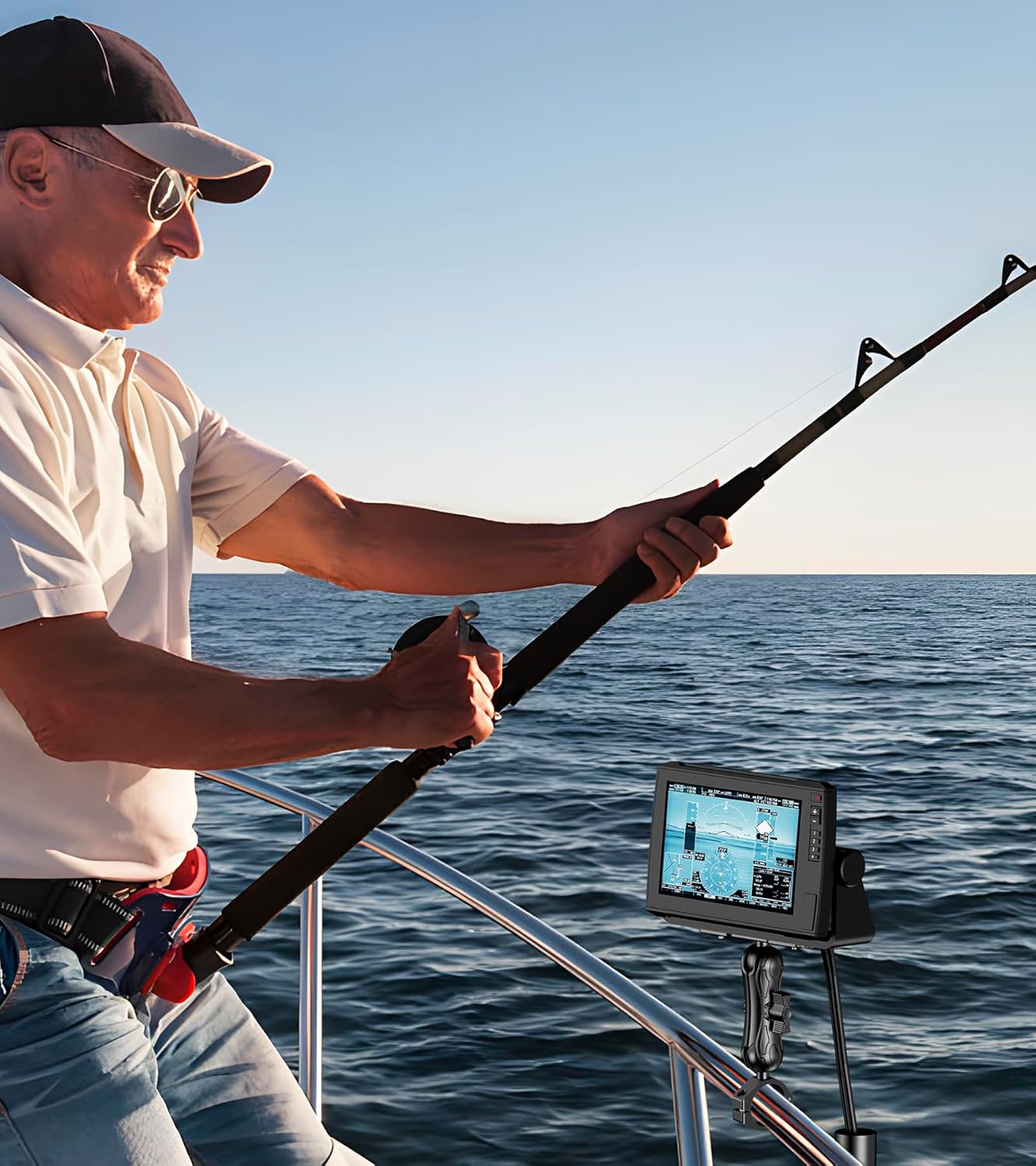 VAZESWIN Aluminum Alloy 1.5" Ball Fish Finder Mount, 5.7" Medium Arm Marine Electronic Mount with Bar Clamp Base, Fit 1.5" 1.65" 1.75" 1.85" 2" Round Rails, for Garmin, Lowrance, Humminbird, Raymarine