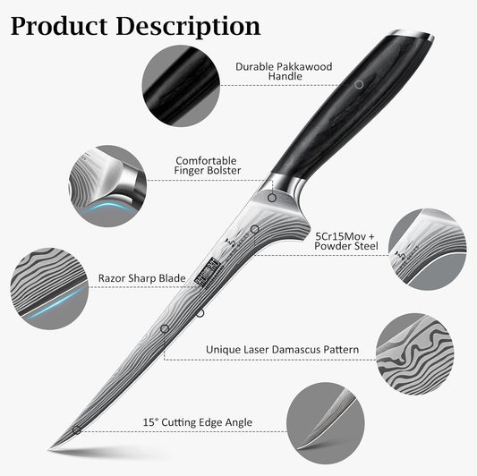 HOSHANHO Fillet Knife 7 Inch, Razor Sharp Boning Knife for Meat Poultry Chicken Cutting, Japanese High Carbon Powder Steel Fish Knife with Flexible Blade and Pakkawood Handle - PuriLite